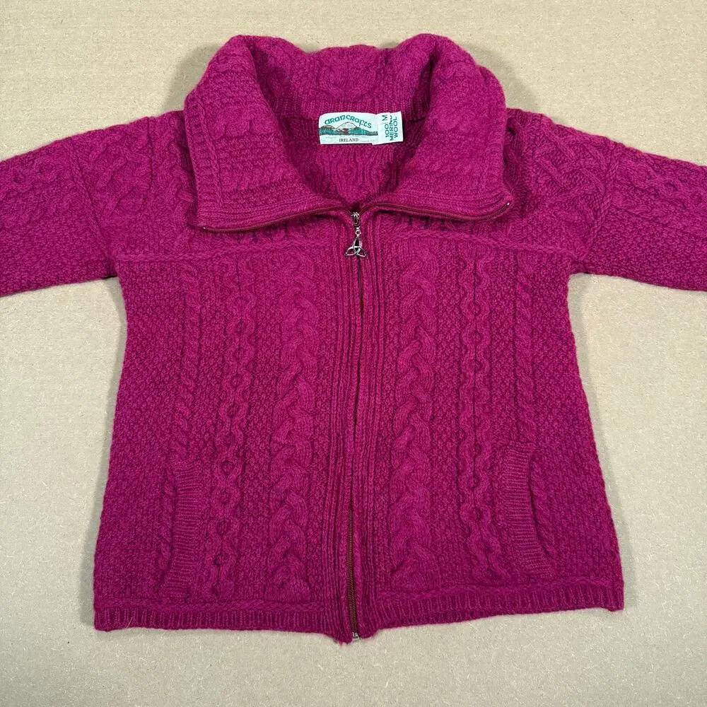 Vintage Pink Merino Wool Zip Knit Sweater Jacket Ireland Women’s Cropped Fit XS